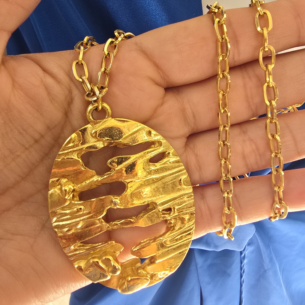 Trifari Gold-Tone Organic Textured Oval Pendant Necklace
